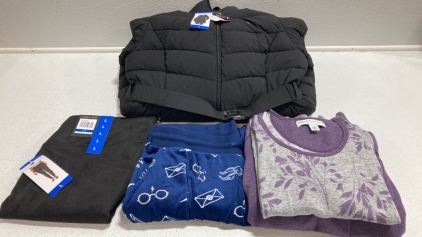 Women&rsquo;s Clothes Size Large: Black Long Puffy Coat, Black Suede Leggings, Harry Potter Lounge Pants, 3pc Purple Lounge Set