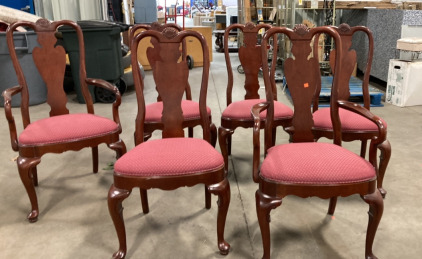 (6) Brown Kitchen Table Chairs With Red Cushion Seats