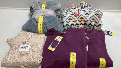 Women&rsquo;s Clothes Size Small: Gray Plush Robe, Plush 1/4 Zip, Animal Print Sleep Set, (2) Purple Crew Neck Pullovers