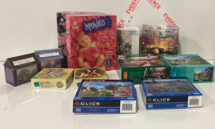 (2) BEPUZZLED Impossibles Puzzles, (2) CLICK Puzzles, (4) Thomas Kinkade Puzzles, and more puzzles