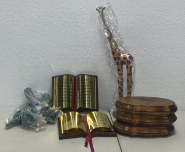 (2) Dark Brown and Gold Decoration Bibles With the Verss John 14:1-3, (1) Gold and Dark Red Decoration Metal Giraffe, (1) Fake Catcus, and more decorations