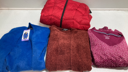 Women&rsquo;s Clothes Size X-Small: Red Puffy Coat, Blue Fuzzy Cardigan, Rust Colored Cardigan, 2pc Lounge Set