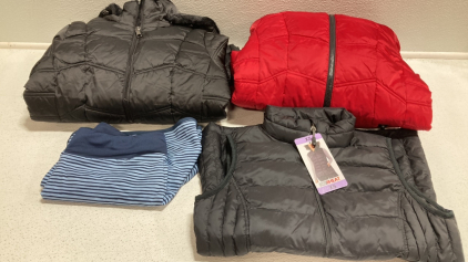Women&rsquo;s Clothes Size X-Small: Black Puffy Coat, Red Puffy Coat, Black Vest, Blue Swim Shorts