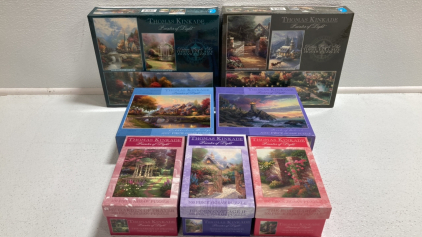 (2) Set of 3 Thomas Kinkade Puzzles, (2) 1000pc Kinkade Puzzles, (3) 300pc Kinkade Puzzles