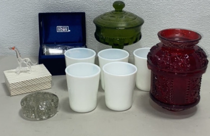 (1) Holiday Home Silver Metal Bell, (1) Small Glass Dog Figure, (5) Glass White Cups, (1) Green Cookie Dish, and more!