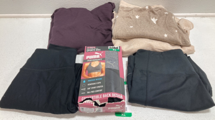 Women&rsquo;s Clothes Size XL: Dark Purple High Neck Pullover, 3pc Tan Lounge Set, Black Workout Pants, 2-Pack Sports Bra, Black Leggings