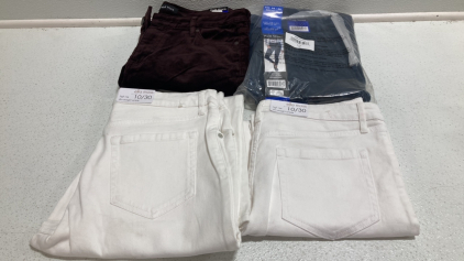 Women&rsquo;s Pants Size 10: (1) Purple and (1) Blue Velvet Pants, (2) White Jeans
