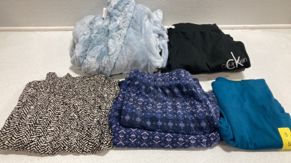 Women&rsquo;s Clothes Size Small: Blue Plush Robe, (1) Gray and (1) Black Sweatpants, Patterned Flowy Pants, 2pc Sleep Bottoms, Dark Teal Workout Pants