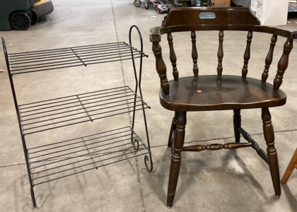 (1) 28&rdquo;x20&rdquo; Metal Black Shelf, (1) 37&rdquo;x26&rdquo; Dark Brown Wooden Chair