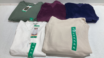 Women&rsquo;s Tops Size XL: Green Crew Neck Pullover, (1) Purple and (1) Blue Lounge Sets, White Linen Button Up, Beige Hoodie