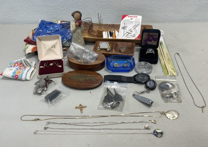 Various Jewelry Items, Neclaces, Earings, Sewing Kit, Wooden Box And Trays +