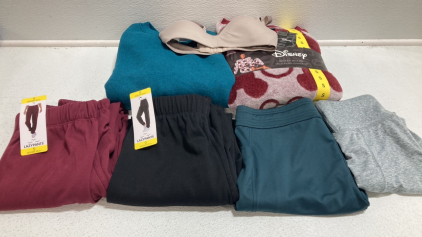 Women&rsquo;s Clothes Size Small: Blue Crew Neck Pullover, Disney Lounge Set, Bra, (1) Maroon and (1) Black Sweatpants, Dark Teal Joggers, Heather Teal Workout Pants