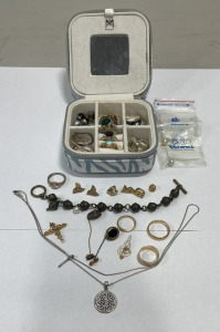 Various Jewelry Items, Gold Rings, Tie Pins, Pearls W/ Zip Up Jewelry Box