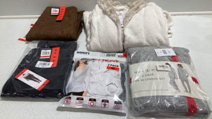 Women&rsquo;s Clothes Size Medium: (1) Brown and (1) Black Suede Leggings, Cream Plush Robe, 2-Pack Long Sleeve Underlayers, 2pc Lounge Set