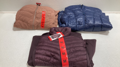 Women&rsquo;s Clothes Size Medium: Dusty Rose Puffy Coat, Blue Long Puffy Jacket, Purple Light Jacket