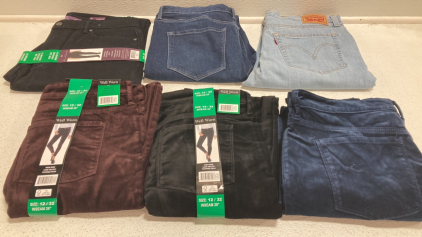 Women’s Pants Size 12: Black Jeans, Dark Blue Jeans, Like Blue Jeans, (1) Purple, (1) Black and (1) Blue Velvet Pants