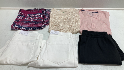 Women’s Clothes Size Small: Fleece Lounge Pants, Animal Print Sleep Shirt, Pink Sleep Shirt, (2) White Jeans Size 4, Black Sleep Pants