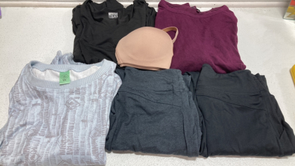 Women’s Clothes Size Medium: (2) Black Long Sleeve Underlayers, Nude Bra, Purple Light Sweater, Blue Sleep Set, (1) Gray and (1) Black Joggers