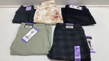 Women’s Clothes Size X-Small: Black Leggings, Floral Jeans Size 2, Black Shorts, Green Shorts, Black Patterned Stretch Pants
