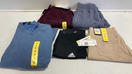 Women’s Clothes Size Small: (1) Purple and (1) Blue-Gray Cozy Joggers, Blue Crew Neck Pullover, Black Workout Pants, Chino Shorts