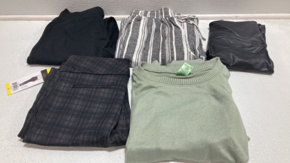 Women’s Clothes Size Small: Black Sweatpants, Gray Striped Linen Pants, Faux Leather Leggings, Black Patterned Stretch Pants, Green Sleep Set