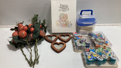 Precious Moments Bible, (4) Small Containers of Thread and Sewing Notions, (3) Small Heart Mirrors, Artificial Floral Stems