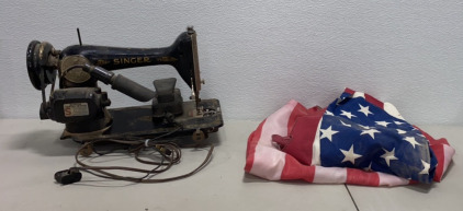 (2) American Flags, (1) Antique Singer Sewing Machine