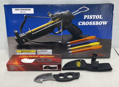 (1) Mini Pistol Crossbow W/ Darts, (1) Fingergrip Guthook Knife W/ Sheath
