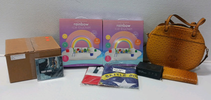 Inflatable Rainbow Ice Buckets, Purse With Matching Wallet, Stereo Audio Selector, Box Of Cary Judd CDs