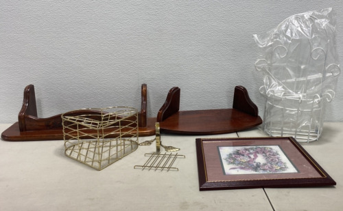 (2) Brown Wall Shelves, (1) Metal White Wall Shel, Golden Hear Wall Shelf and more