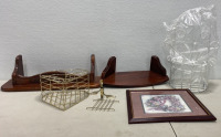 (2) Brown Wall Shelves, (1) Metal White Wall Shel, Golden Hear Wall Shelf and more