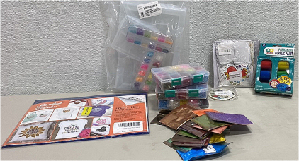 Large Lot of Amazon Art Supplies Including::(3) Packs of Clay Beads, (1) 6 pack of Small Paint Containers, (1) Multiple Bags of glitter, (2) Packs of Stickers, and so much more