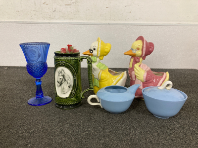 2 Mother Goose, Stein, Blue Glass Goblet, Sugar & Cream Set