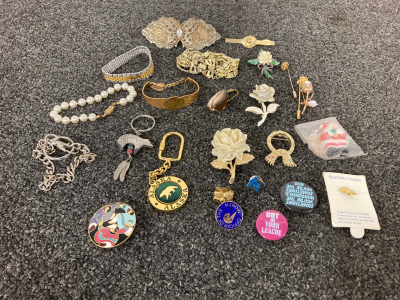 Assorted Jewelry, Pins, Bracelets, And More