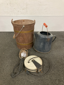 Old Wood Bucket, Watering Can, and Workshop Light