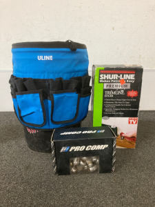 Bucket With Uline Tool Bag, Trimline Edger Paint Brush, And More