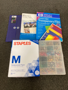 Assorted Paper Types, SlideOpen Envelope, and Box of Beads