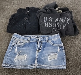 Sweater,Sweatshirt, & Denim Skirt