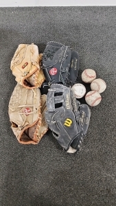 4 Pairs Of Baseball Mits & 4 BaseBalls