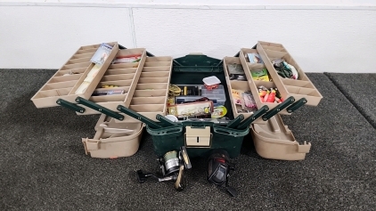 Large Tackle Box Reels, Lures, And Assorted Accessories