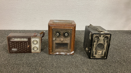 Antique Kodak Camera, Vintage Radio And Post Office Lock Boxes, Nikon Cemera