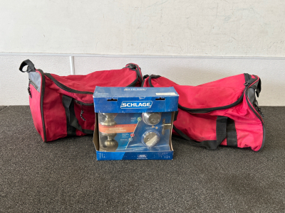 Two Duffel Bags and New in Box Schlage security Lock Set