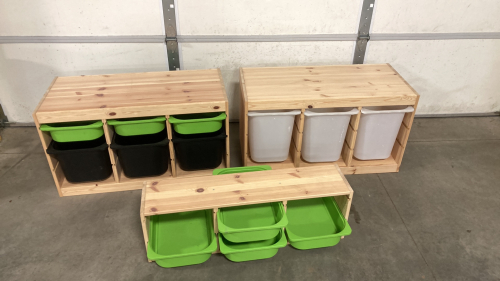 Ikea wood storage shelves with plastic bins