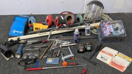 <BB-C> Welder's Hammer & Mask Lenses, Working Sander, Levels, Chainsaw Sharpener, Safety Glasses, More