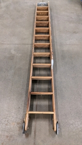 Vintage Wheeled Wood Ladder w/Hand Rail
