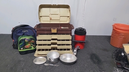 Tackle Box with Tackle, Camping Cookware, Igloo Bag and More