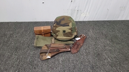 Vintage Army Kevlar Helmet, Pistol Holster, Survival Knife Sheath, Shooters Gloves and Rifle Care Kit Case