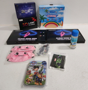 (2) 3D Lamps, (2) Neon Cloud Lamps, (2) Pink Masks, Hulk Wallet, Swimming Float, Bacon Bubbles, Paw Patrol Puzzle, Action Figure