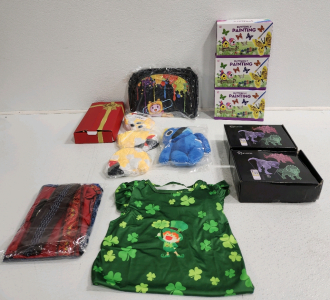 (3) Butterfly Painting, Packback, (2) 3D Dinosaur Lamps, Little Boys Shirt, Little Girls Night Gown, Barbie And Accessories, (4) Plush Toys