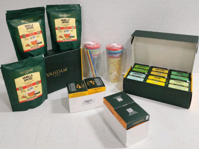 (3) Bags Of Vanilla Spiced Tea, (2) Tea Gift Boxes, Masala Tea, Turmeric Tea, (2) Cups And Straws Sets